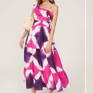 Busayo Collective Purple and Pink Tie Dye Ruffle One-Shoulder Midi Dress | 6